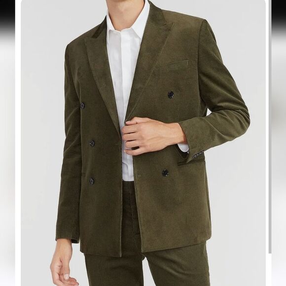 NWT EXPRESS MOSS GREEN SLIM DOUBLE BREASTED CORDUROY SUIT JACKET 44S - Picture 1 of 8